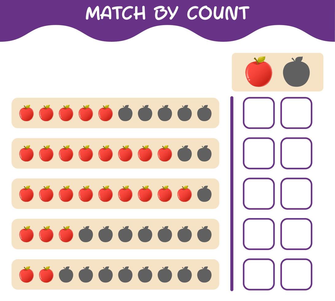 Abgleich nach Zählung des Cartoon-Apfels. Match-and-Count-Spiel. Lernspiel für Kinder und Kleinkinder im Vorschulalter vektor