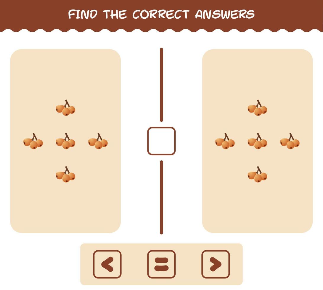 hitta de rätta svaren på tecknad loquat. leta och räkna spel. pedagogiskt spel för barn och småbarn i förskoleåldern vektor