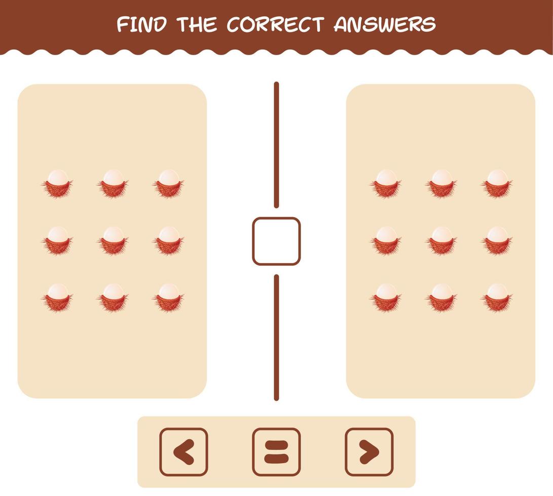 Finden Sie die richtigen Antworten von Cartoon Rambutan. Such- und Zählspiel. Lernspiel für Kinder und Kleinkinder im Vorschulalter vektor