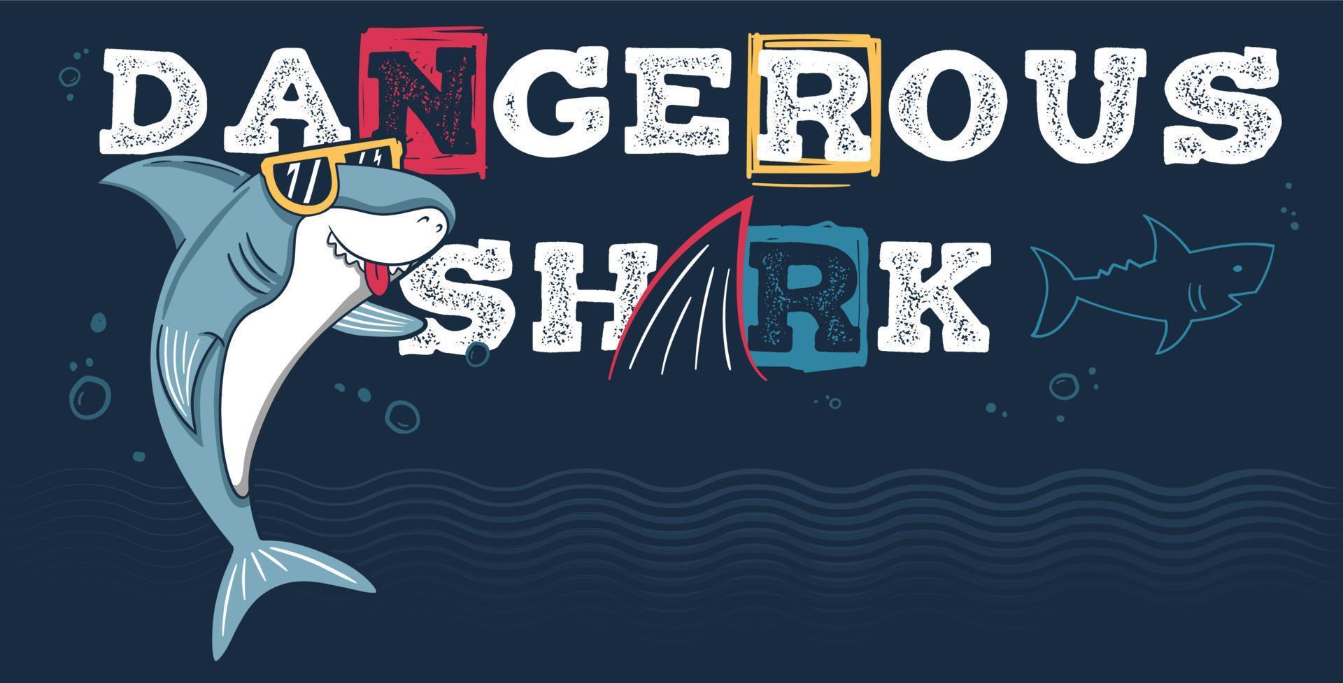 haj bär coola solglasögon och farliga hajar typografi vektor