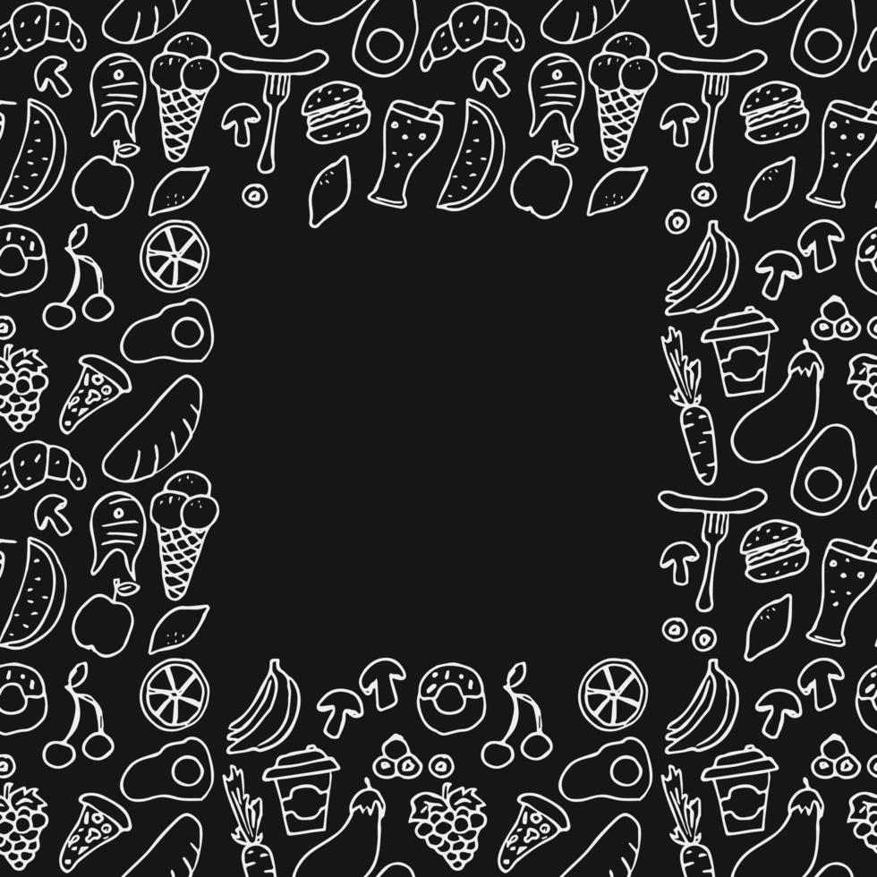 doodle vektor med mat ikoner på svart bakgrund. seamless mönster med mat ikoner och plats för text