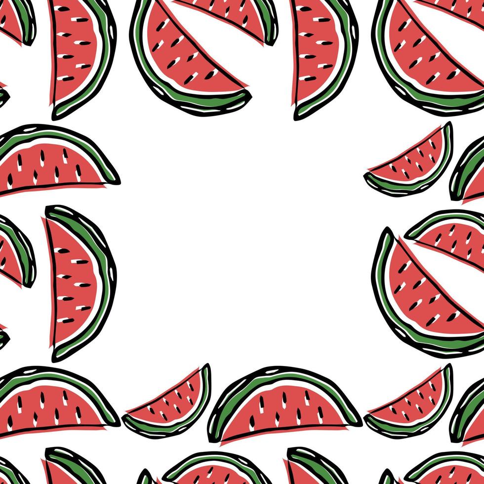Nahtloses Wassermelonenmuster mit Platz für Text. Gekritzelvektor mit Wassermelonenikonen auf weißem Hintergrund. Vintage Wassermelonenmuster vektor