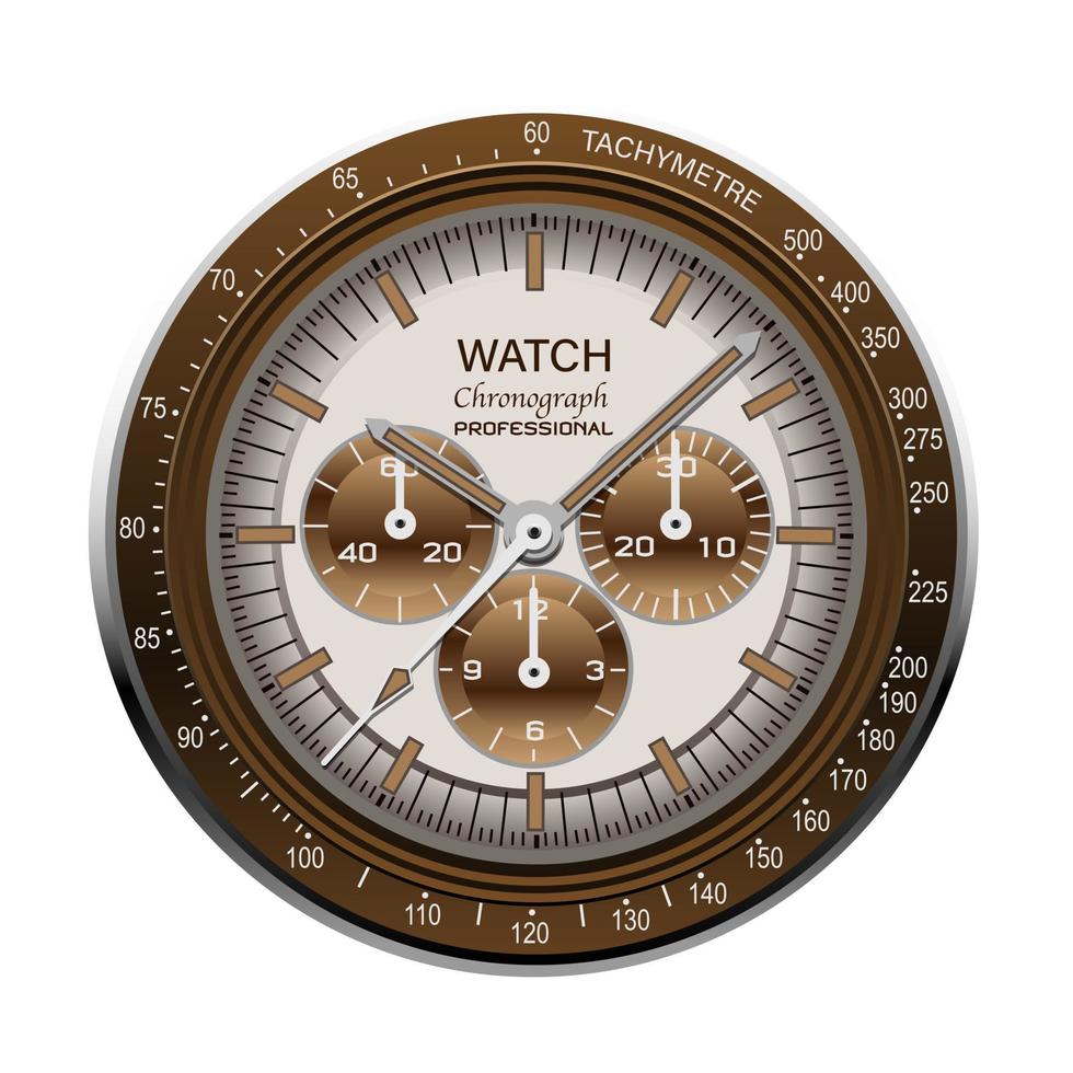 realistische uhr chronograph gesicht edelstahl zifferblatt braun auf weißem hintergrund vektor
