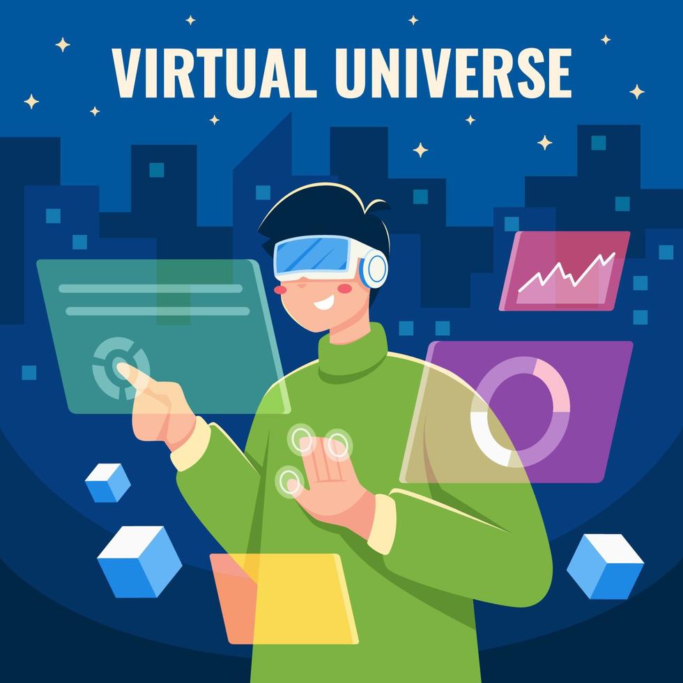 ein mann, der das virtuelle universum mit einer vr-brille erkundet vektor