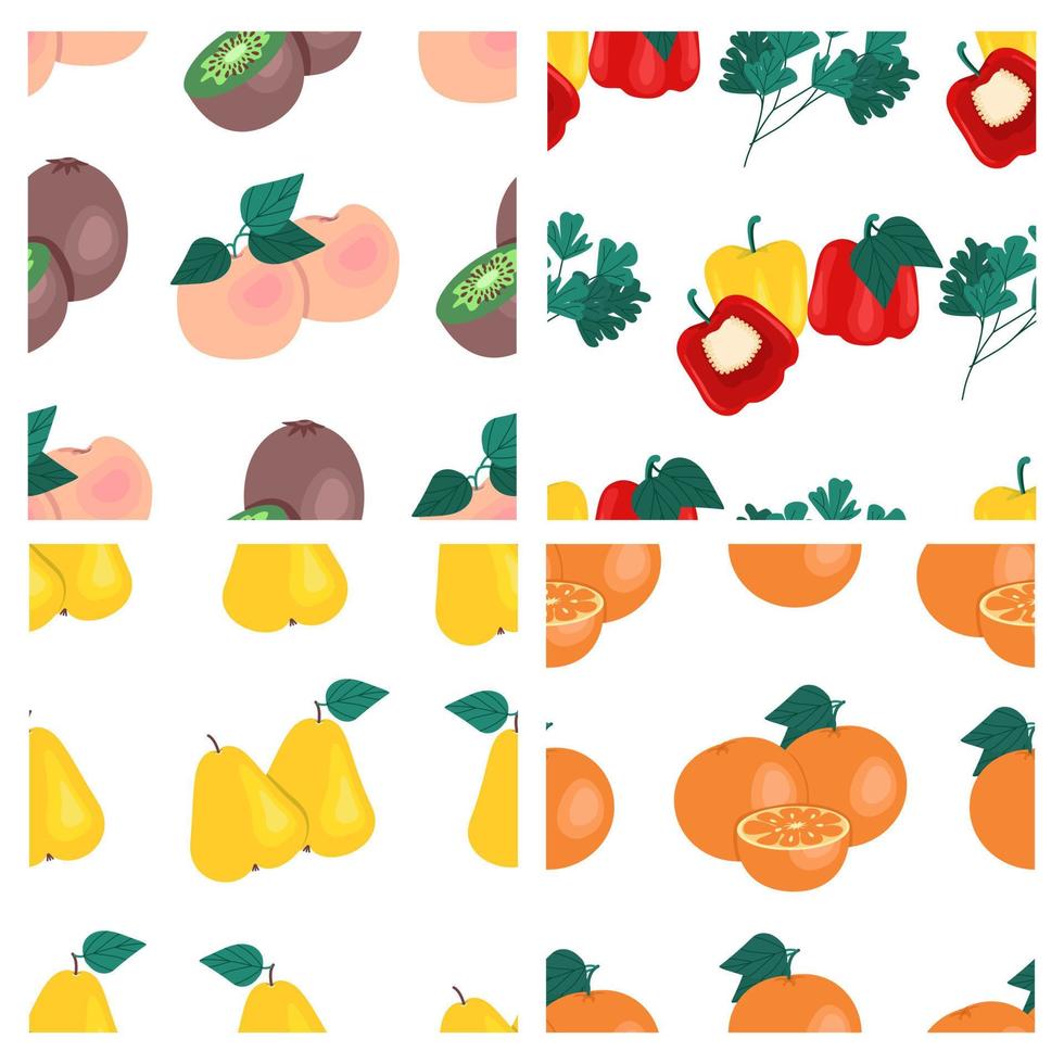 uppsättning frukt och grönsaker sömlösa mönster. kiwi, persikor, päron, apelsiner, paprika, persilja, frukttryck. vektor illustration.