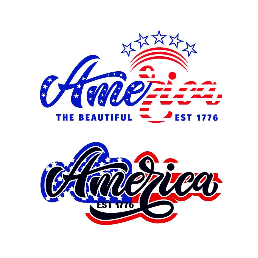 två patriotiska mönster amerika den vackra est 1776. handbokstäver design. med stjärnor och ränder. amerikanska flaggans färger. vektor. som t-shirttryck, logotyp, affisch för 4 juli, USA:s självständighetsdag vektor