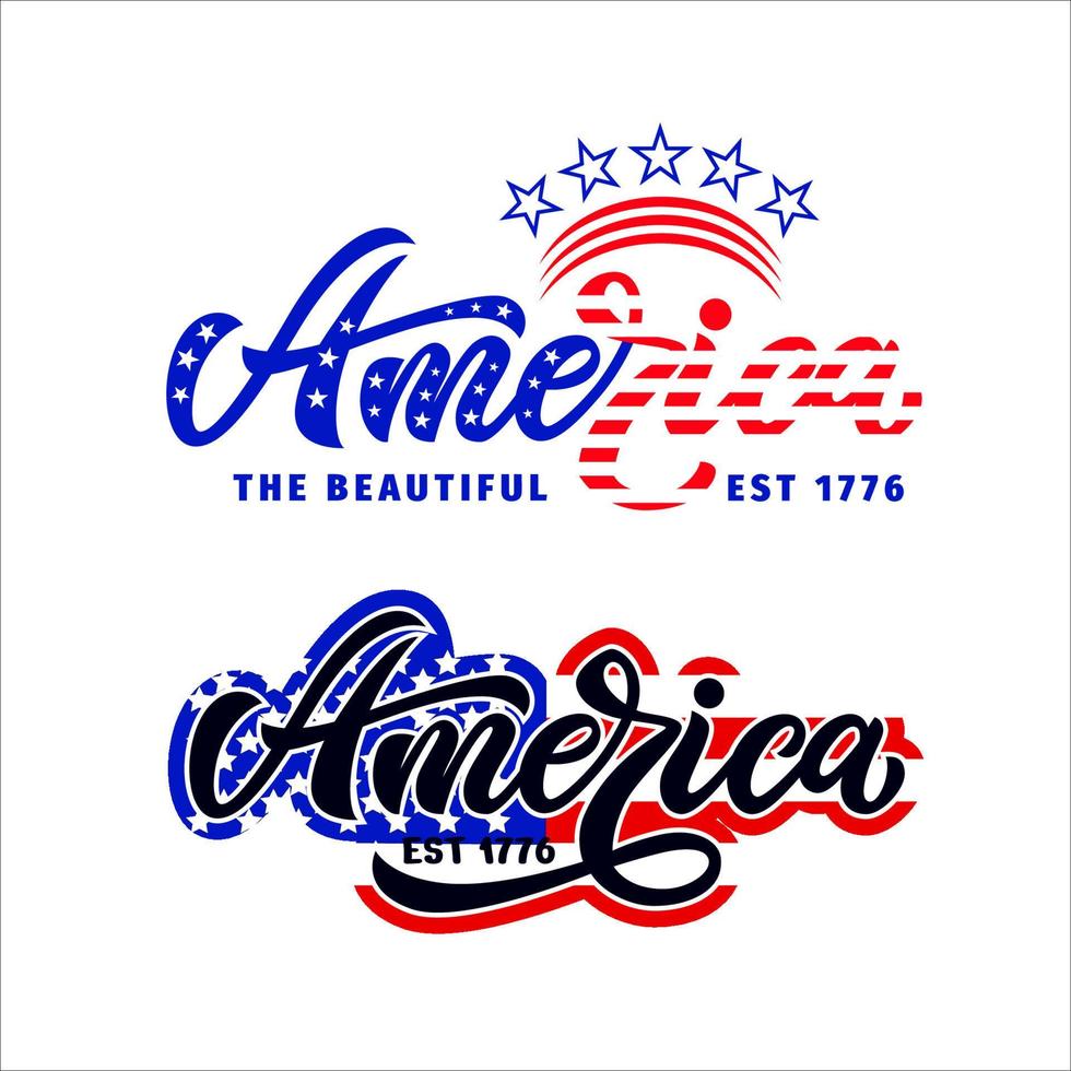 zwei patriotische designs amerika das schöne est 1776. handbeschriftungsdesign. mit Sternen und Streifen. Farben der amerikanischen Flagge. Vektor. als t-shirt druck, logo, plakat für den 4. juli, unabhängigkeitstag usa vektor