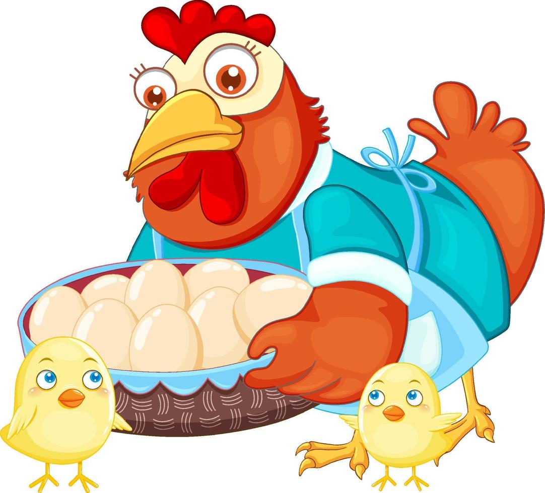 söt kyckling seriefigur som håller en korg med ägg vektor