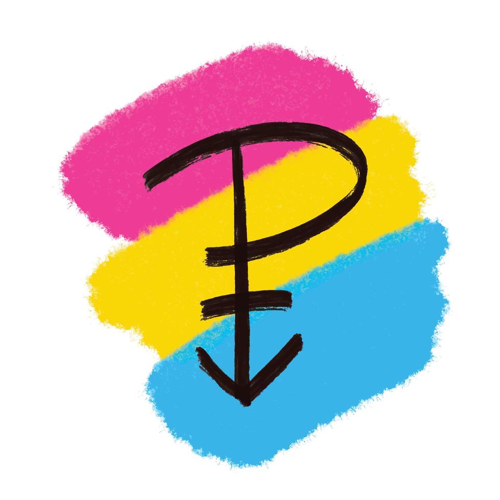 pansexualitet symbol handritad med svart bläck penseldrag på konstnärlig färg bakgrund i färgen pansexual flagga. hbtq-gemenskapens könsgrupptecken. vektor illustration.