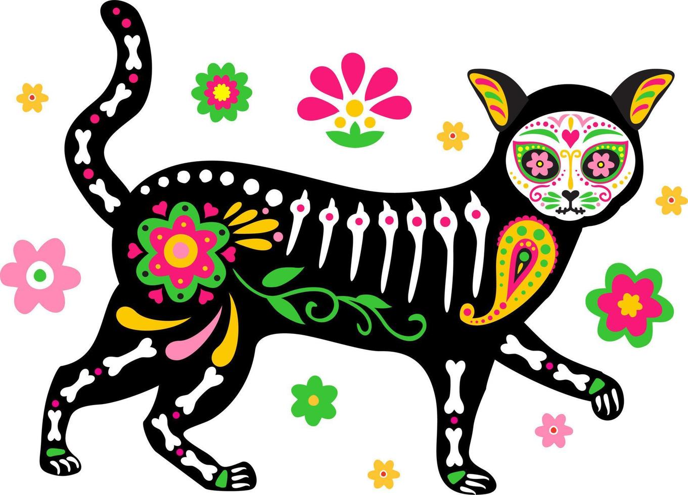 de dödas dag, dia de los muertos, söt kattskalle och skelett dekorerad med färgglada mexikanska vektor