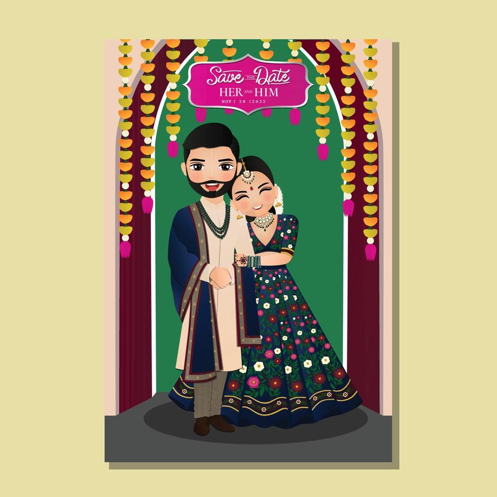söta par i traditionell indisk klänning seriefigur. romantiskt bröllop inbjudningskort vektor
