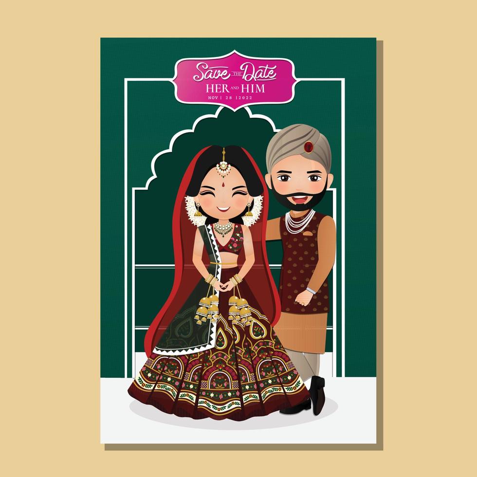 söta par i traditionell indisk klänning seriefigur. romantiskt bröllop inbjudningskort vektor