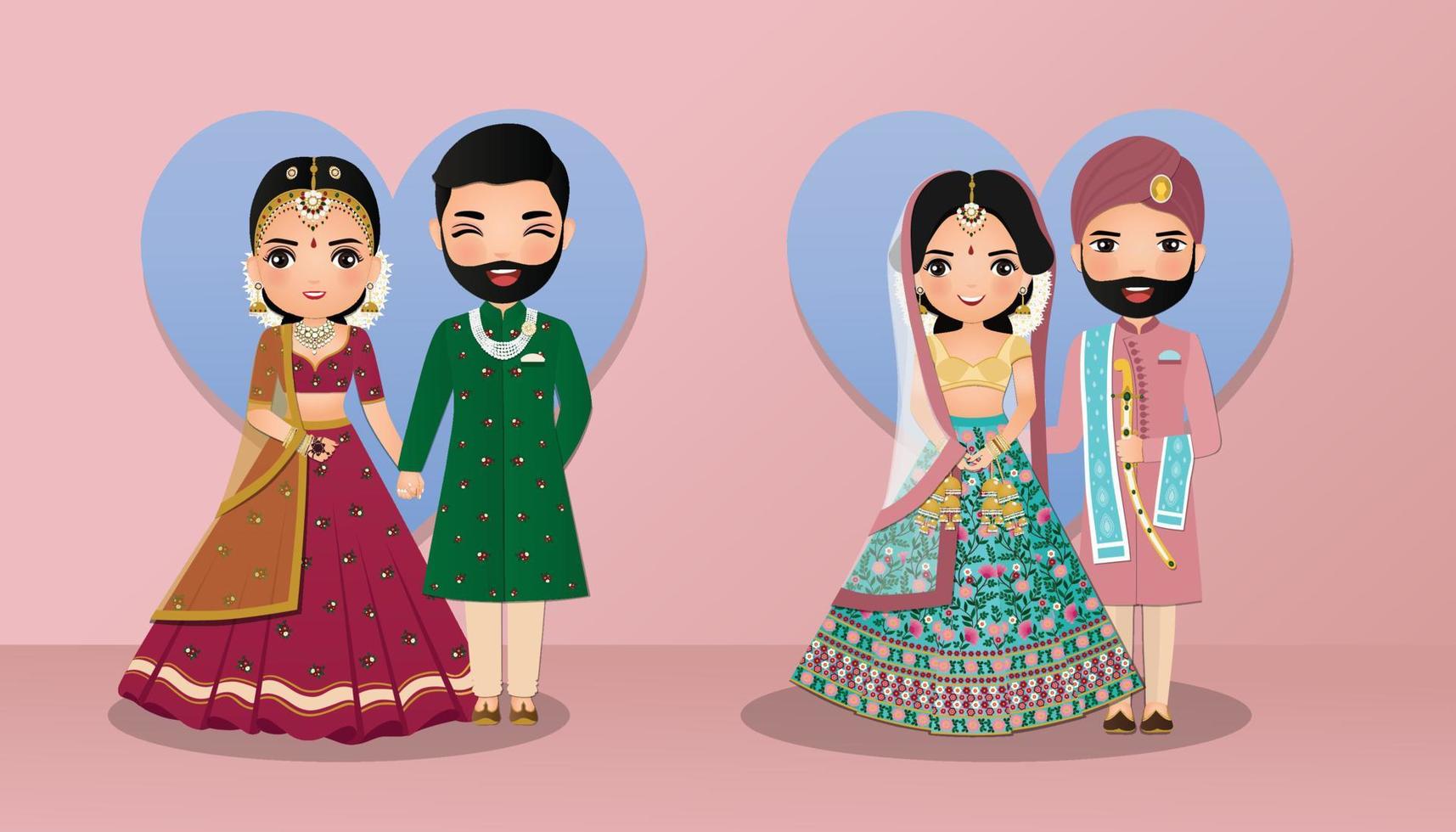 Satz des niedlichen Paares in den traditionellen indischen Kleidkarikaturfiguren Braut und Bräutigam. Hochzeitseinladungskarte. vektor