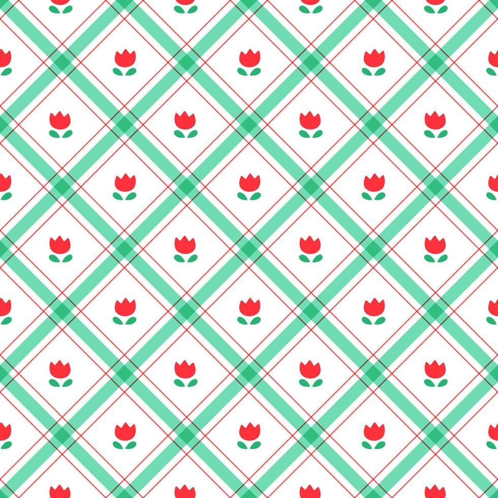 söta tulpaner blommor bladelement röd grön diagonal rand randig linje lutning rutig pläd tartan buffel scott gingham mönster illustration omslagspapper, picknick, halsduk vektor