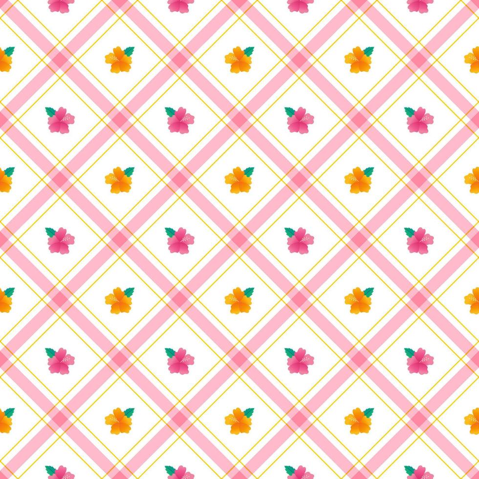 süße hibiskusblüte blatt element orange gelb rosa grün diagonal streifen gestreift linie neigung kariert kariert tartan büffel scott kariert musterillustration verpackungspapier, picknickmatte, tischdecke vektor