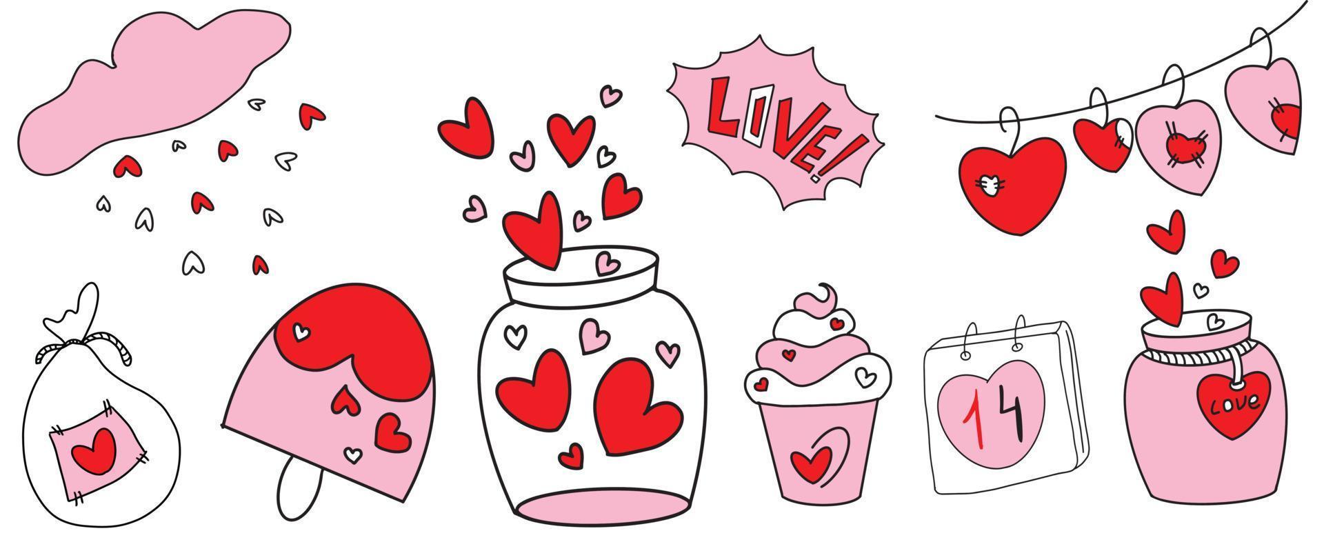 Vektor-Doodle-Herz, Liebe, Eis, Kuchen, Glas und Girlande mit Herzen vektor