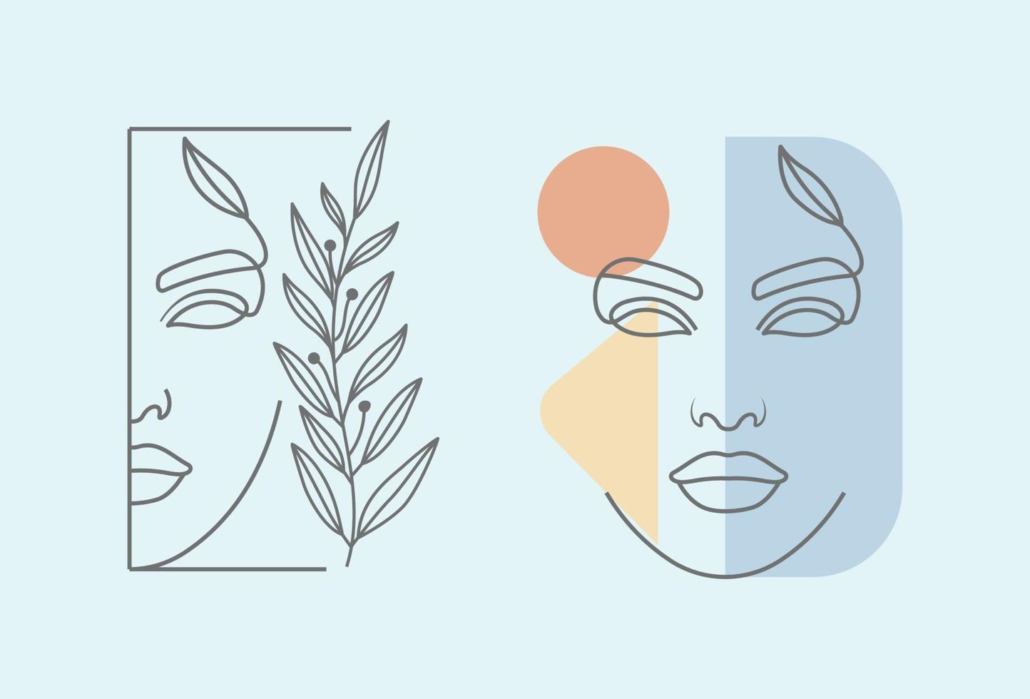 naturliga blad organiska skönhet kvinnliga ansikte linjekonst logotyp och symbol vektor
