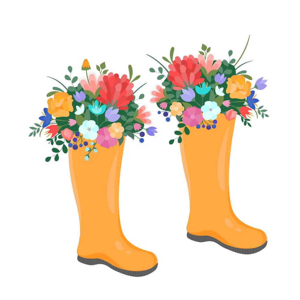 Vektor-Illustration Frühlingsgummistiefel Stiefel mit blühendem Blumenstrauß Frühlingsblumen, Baumwolle. flacher Stil des Frühlingssymbols. vektor