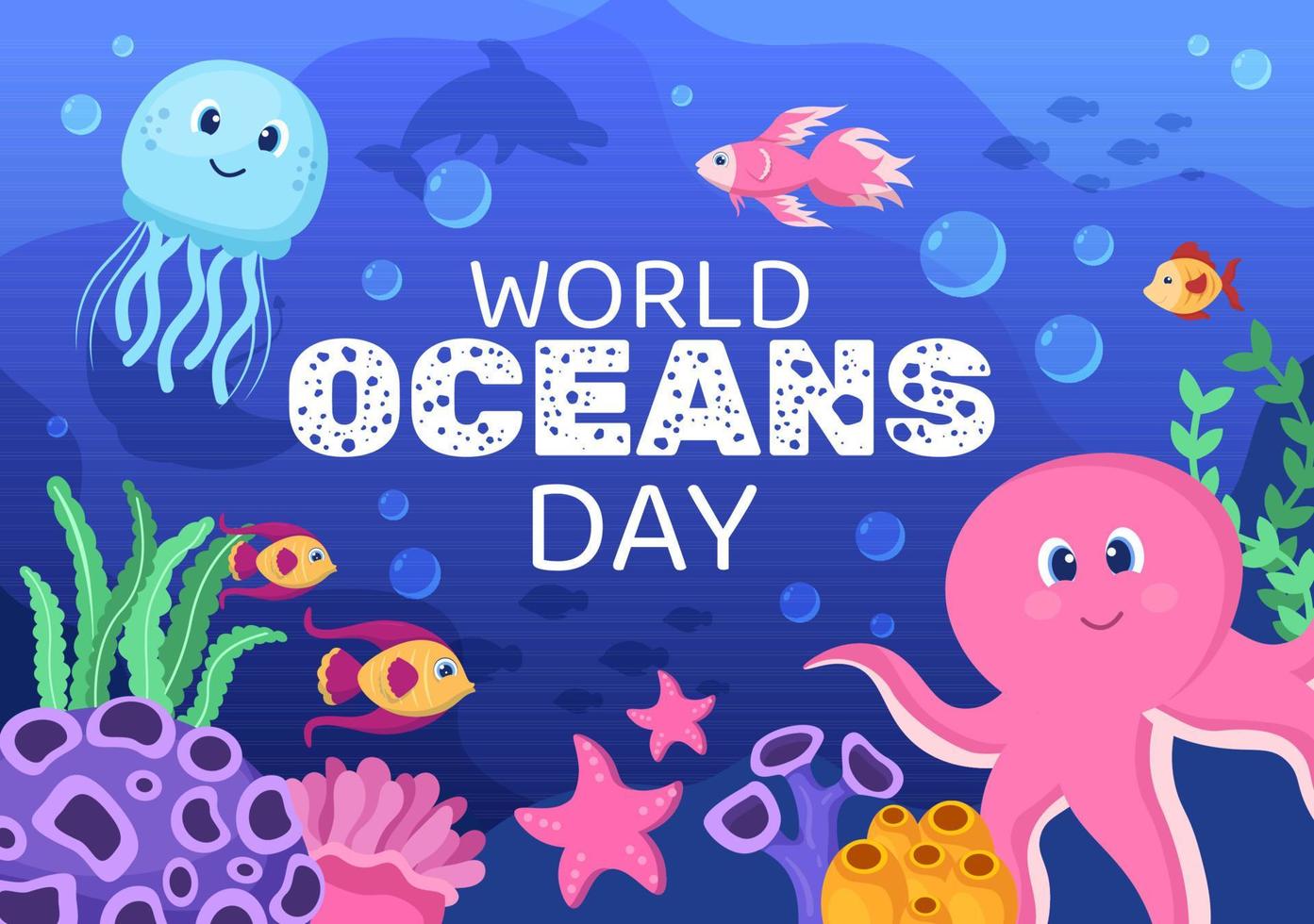 världshavets dag tecknad illustration med undervattenslandskap, olika fiskdjur, koraller och marina växter dedikerade till att skydda eller bevara vektor