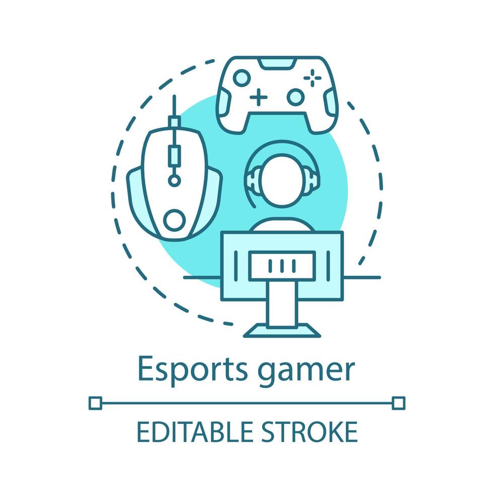 Symbol für das Konzept des E-Sport-Spielers. Gaming-Ausrüstung, Umwelt. E-Sport-Zubehör. Videospielgeräte. spieler idee dünne linie illustration. Vektor isoliert Umrisszeichnung. editierbarer Strich