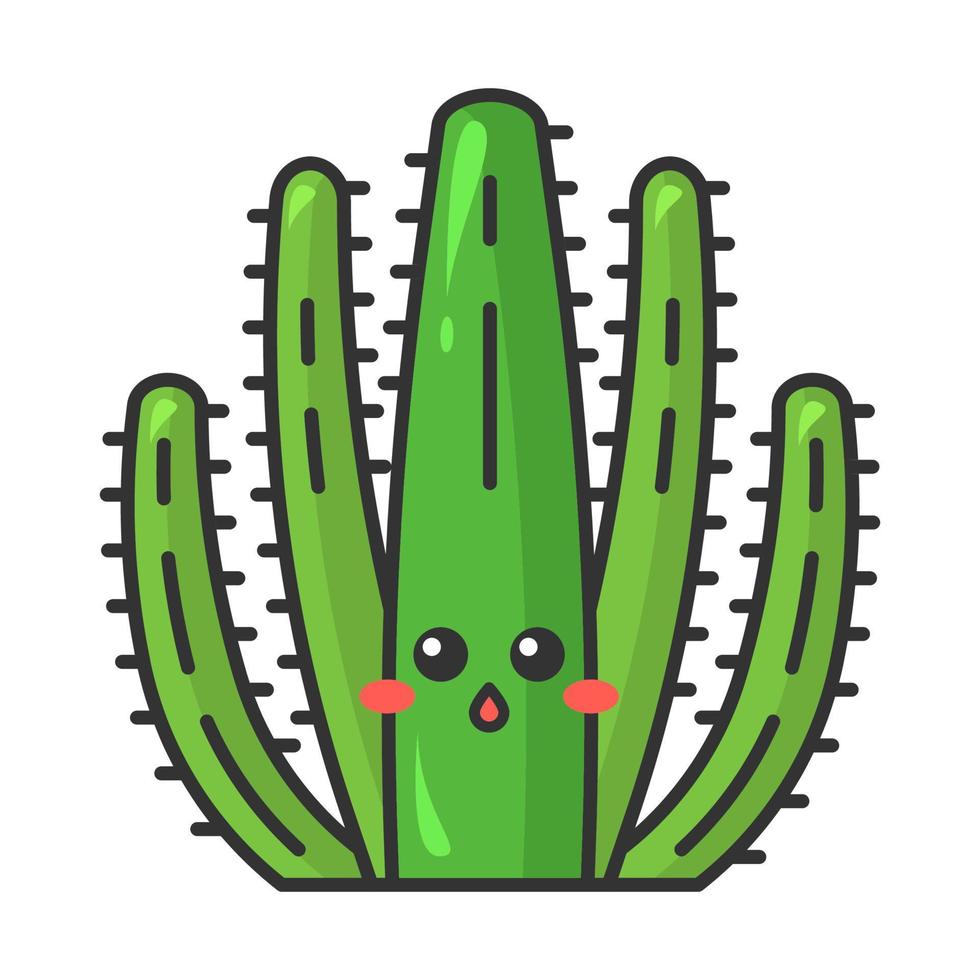 Orgelpfeifenkaktus niedlicher kawaii Vektorcharakter. Kaktus mit gedämpftem Gesicht. verlegene wilde Pitahaya-Kakteen. gespülte überraschte tropische Pflanze. lustiges Emoji, Emoticon. isolierte karikaturfarbillustration vektor