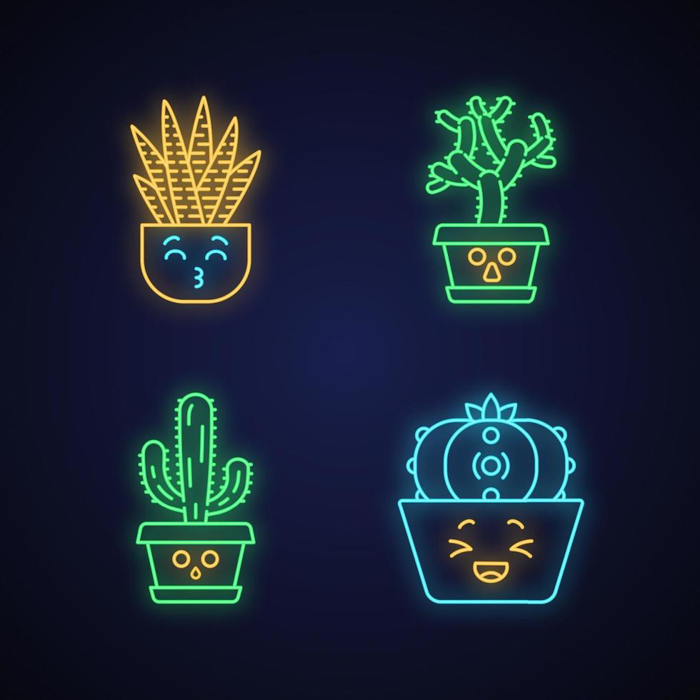 kakteen süße kawaii neonlichtfiguren. Pflanzen mit traurigen Gesichtern. gedämpfte Elefantenkakteen. lustiges Emoji, Emoticon-Set. leuchtende symbole mit alphabet, zahlen, symbolen. vektor isolierte illustration