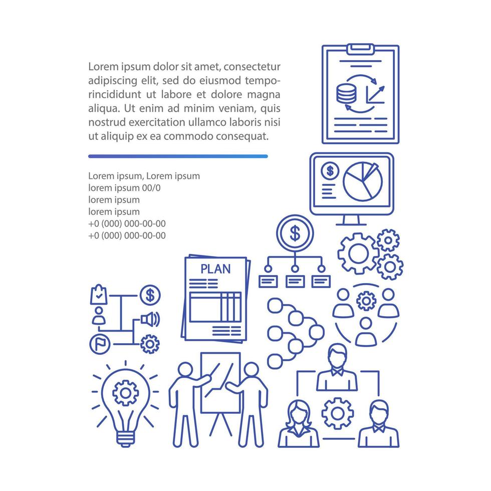 Vektorvorlage für Businessplan-Artikelseiten. Strategieentwicklung. broschüre, magazin, broschürengestaltungselement mit linearen symbolen und textfeldern. Druckdesign. konzeptillustrationen mit textraum vektor