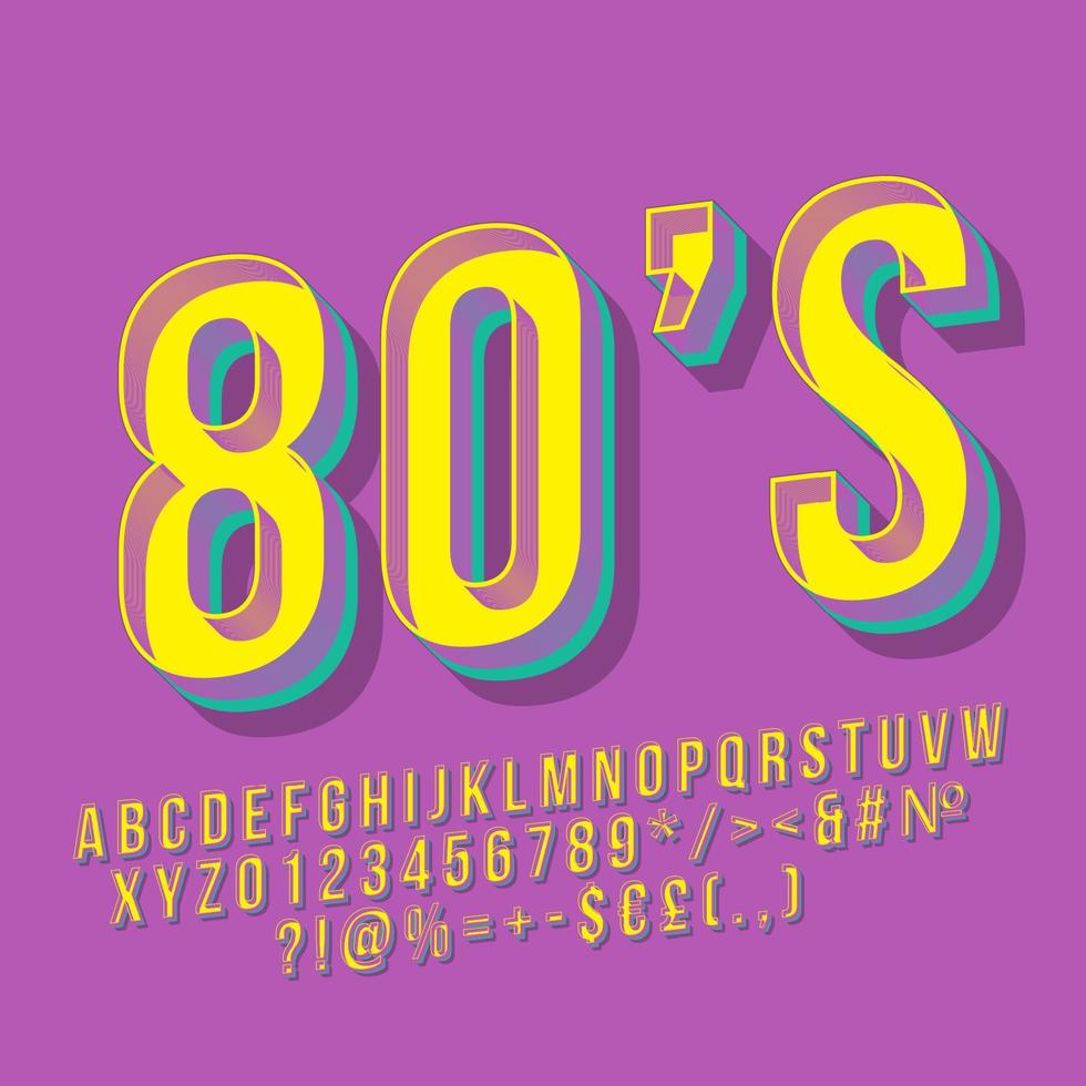 80-tal vintage 3d vektor bokstäver. retro fet stil, typsnitt. popkonst stiliserad text. gamla skolan stil bokstäver, siffror, symboler pack. 90-talsaffisch, banderoll, typografidesign. lila färg bakgrund
