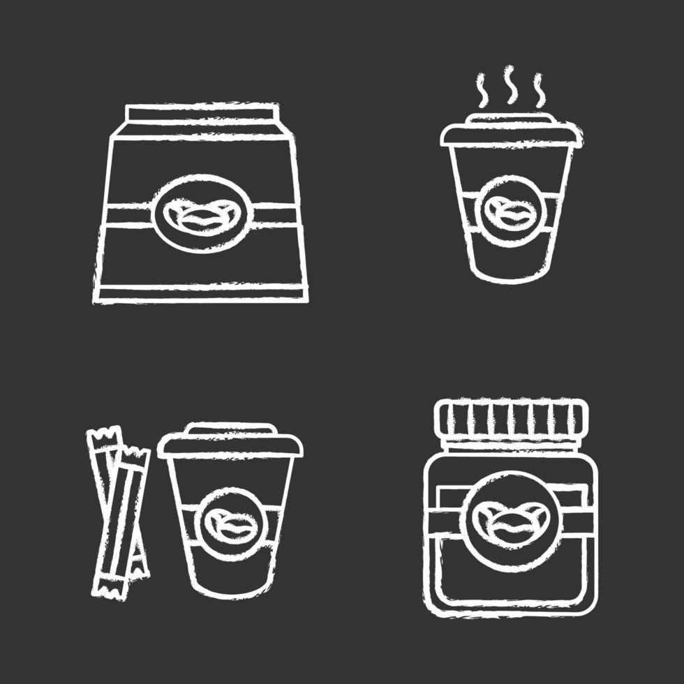 kaffe krita ikoner set. kaffepapperspaket, glasburk och varm dryck med socker. isolerade svarta tavlan vektorillustrationer vektor