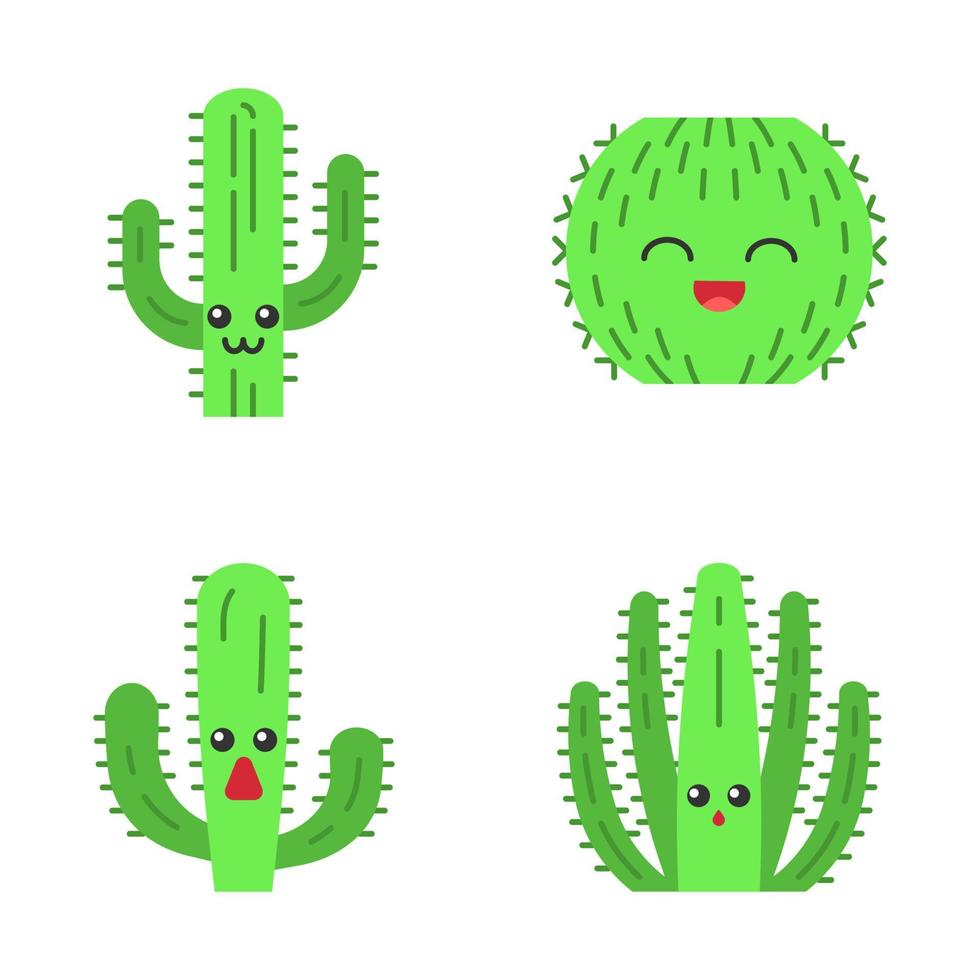 kaktusar platt design lång skugga färg ikoner set. växter med leende ansikten. skrattar fat kaktus. förvånad elefant vilda kaktusar. botanisk trädgård. suckulenta växter. vektor siluett illustrationer