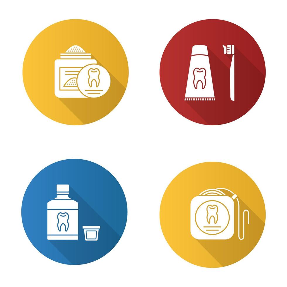 Zahnmedizin flaches Design lange Schatten-Glyphen-Symbole gesetzt. Stomatologie. Zahnpulver, Zahnseide, Mundwasser, Zahnpasta und Zahnbürste. Vektor-Silhouette-Illustration vektor