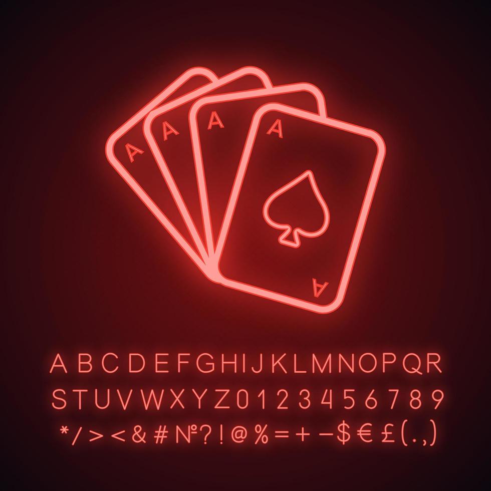 fyra ess neonljus ikon. Spelar kort. glödande tecken med alfabet, siffror och symboler. vektor isolerade illustration