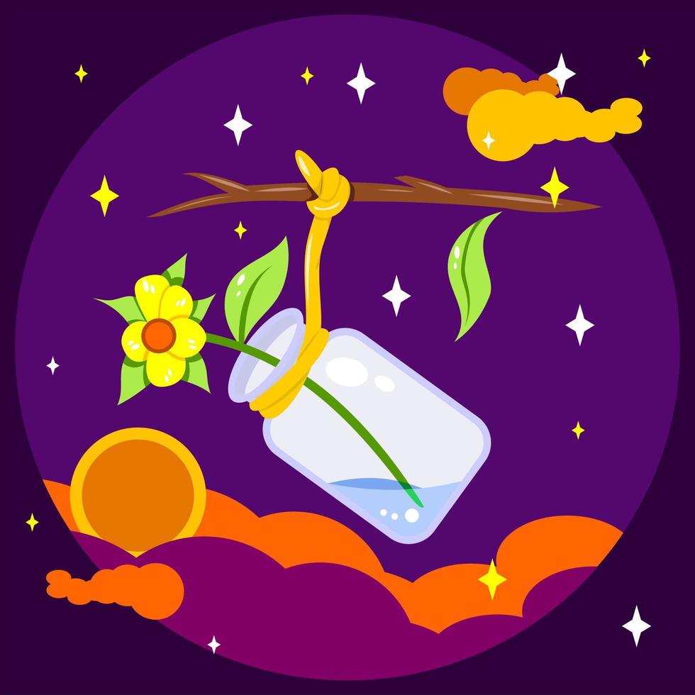 Illustration von Blumen in einem Glasgefäß und an einen Ast gebunden. Wolken und Nachthimmel mit Sternen. lila, gelb, grün, orange und weiß. für Dekoration vektor