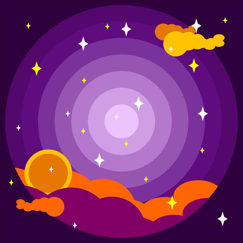 fantasi illustration av natthimlen med stjärnor, moln och måne. lila, orange, gul och vit. lämplig för dekoration, copyspace och bakgrund vektor