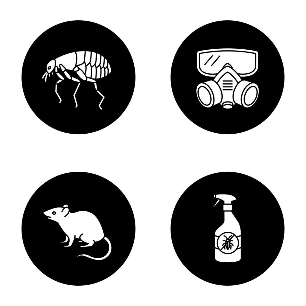 skadedjursbekämpning glyf ikoner set. insektsmedel, loppor, respirator, gnagare. vektor vita silhuetter illustrationer i svarta cirklar