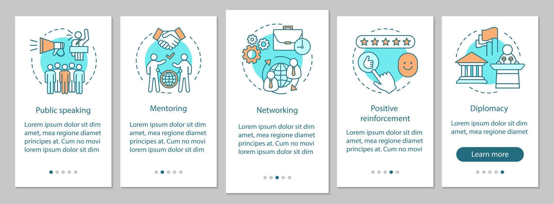 kommunikationsfähigkeiten beim onboarding der mobilen app-seitenbildschirm-vektorvorlage. öffentliches Reden, Mentoring, Diplomatie. Mitarbeiterfähigkeiten Walkthrough Website-Schritte. ux, ui, gui smartphone-schnittstellenkonzept vektor