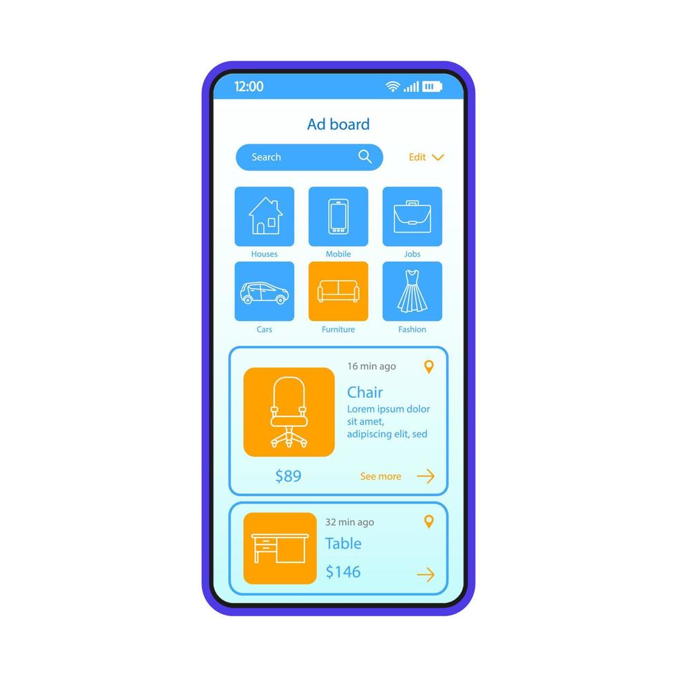 Online-Shopping-Smartphone-Schnittstellenvektorvorlage. mobile App-Seite schwarzes Design-Layout. Werbetafel, Marktplatz-Anwendungsbildschirm. flache ui. verkaufs- und kaufanzeigenplattform auf dem telefondisplay vektor