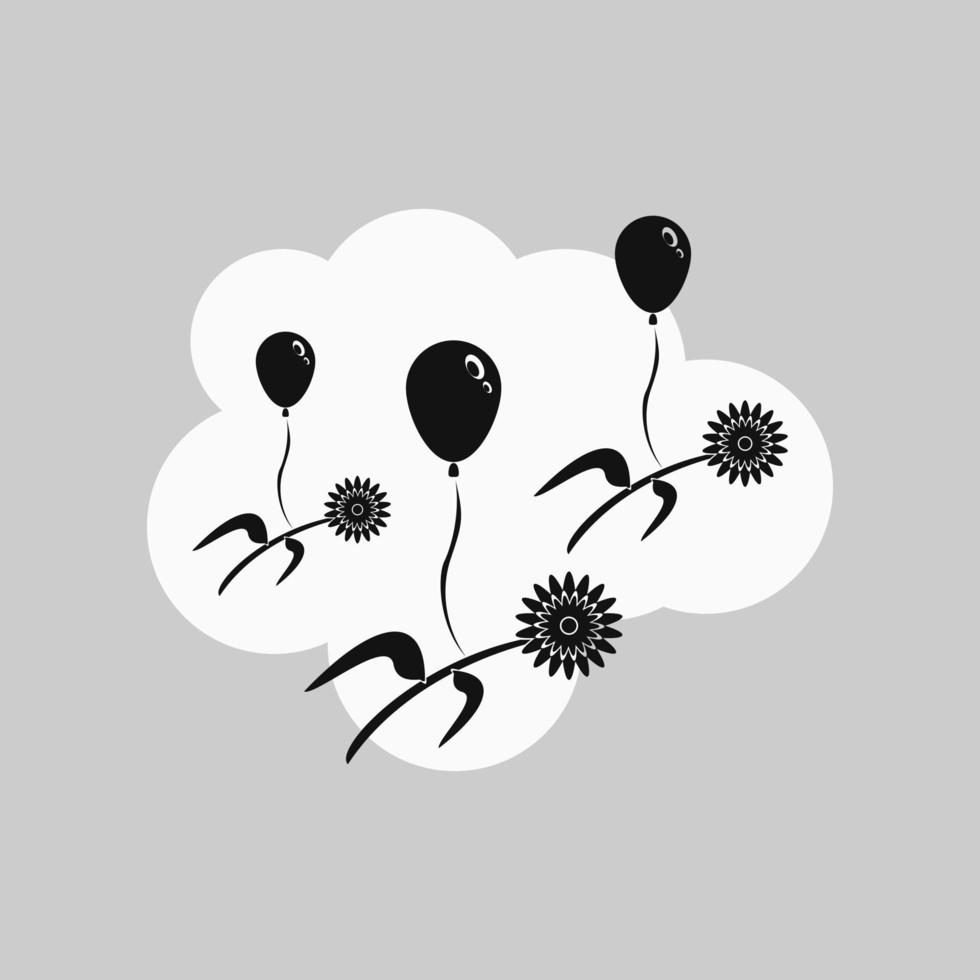 siluett vektor illustration solros flygande ballong. svartvitt
