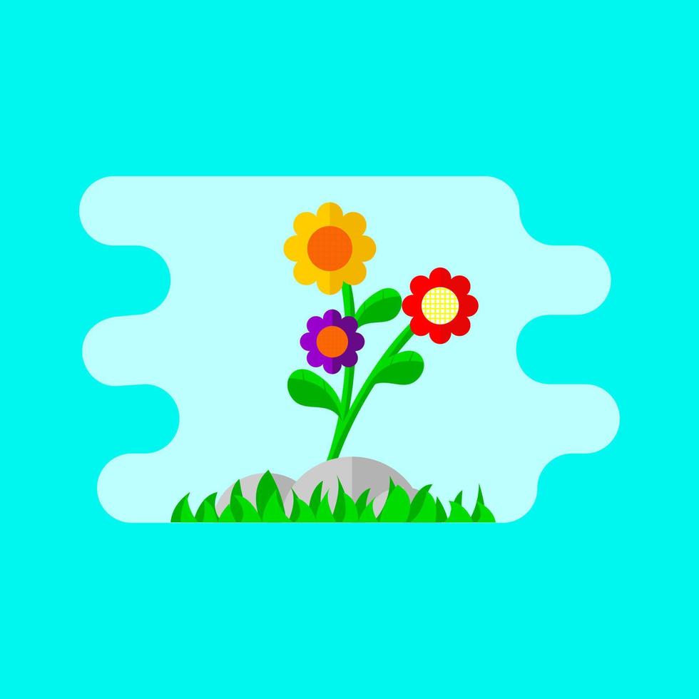 dreifarbige sonnenblume mit grasillustration. rot, lila, gelb, orange, grün, blau und grau. geeignet für Dekoration, Tapeten und Kinder vektor