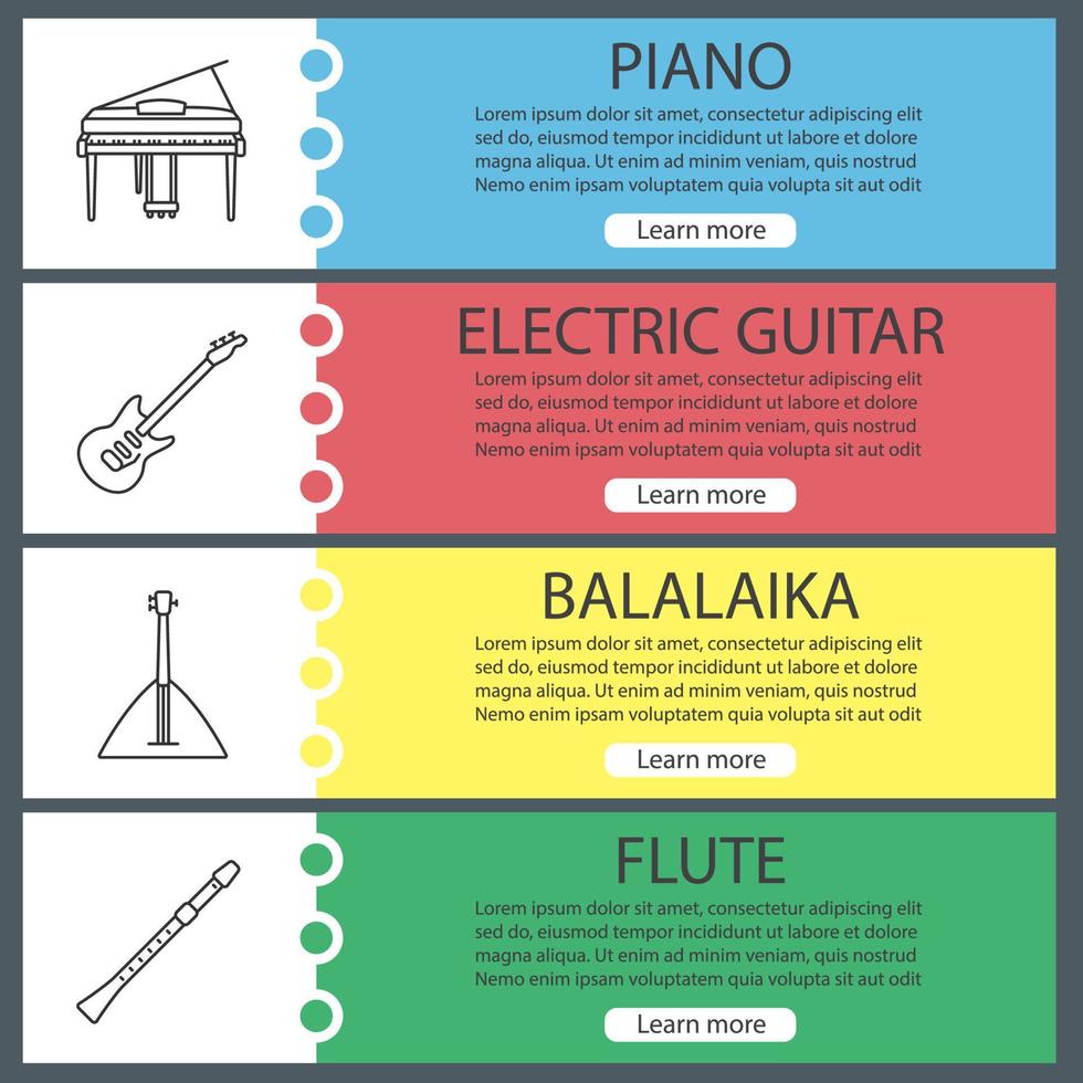 Web-Banner-Vorlagen für Musikinstrumente festgelegt. Klavier, E-Gitarre, Balalaika, Flöte. Farbmenüelemente der Website mit linearen Symbolen. Vektor-Header-Design-Konzepte vektor