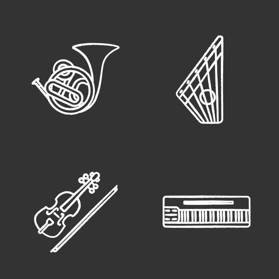 musikinstrument krita ikoner set. franskt horn, gusli, fiol, mellotron. isolerade svarta tavlan vektorillustrationer vektor