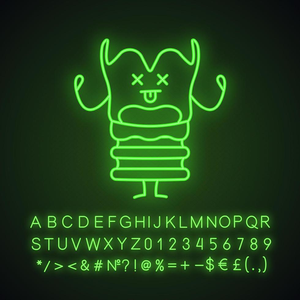 unglückliches Kehlkopf-Charakter-Neonlicht-Symbol. trauriges Sprachbox-Emoji. Laryngologie und Kehlkopferkrankungen. leuchtendes zeichen mit alphabet, zahlen und symbolen. vektor isolierte illustration