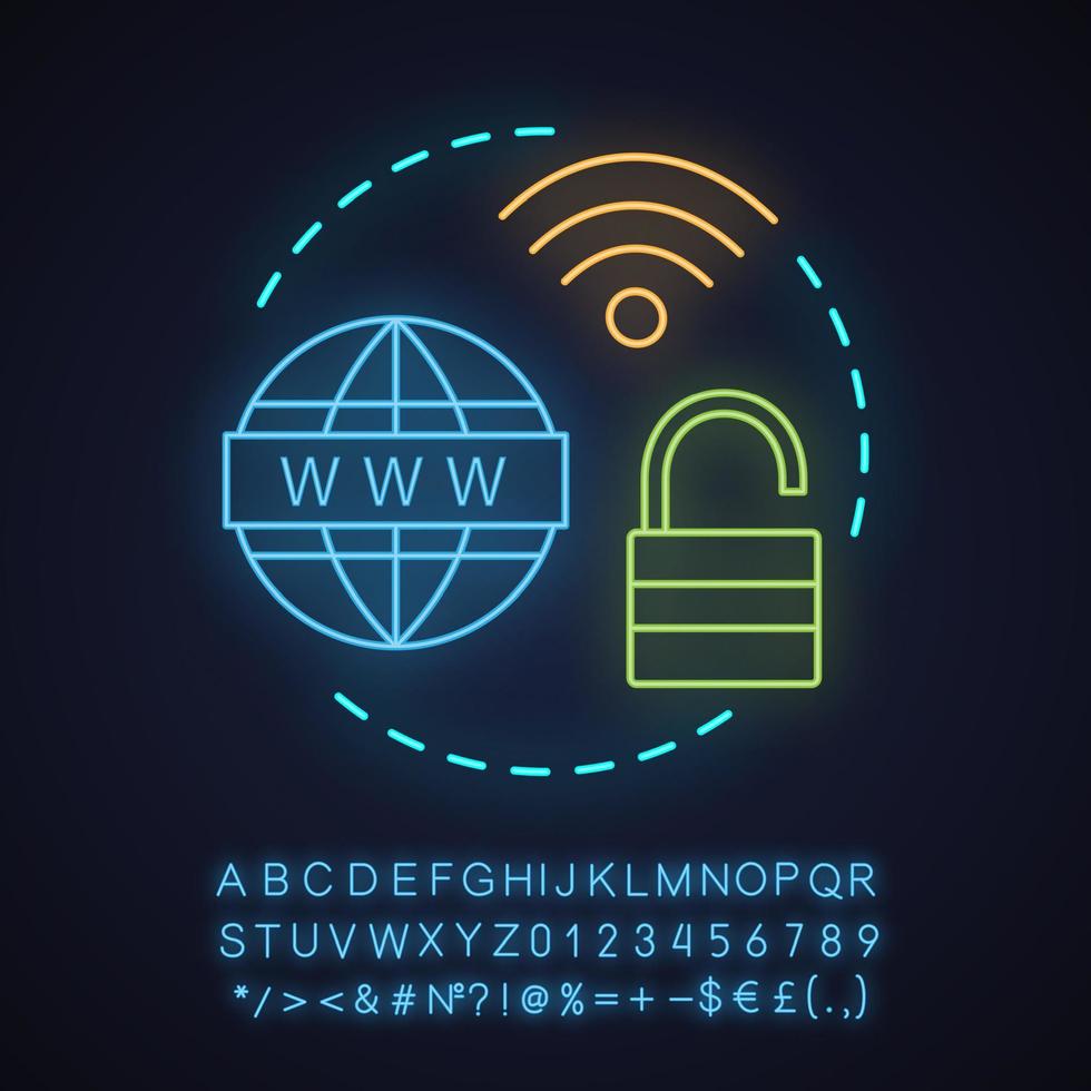 internet access neon ljus koncept ikon. gratis wifi idé. trådlös internet hotspot. glödande tecken med alfabet, siffror och symboler. vektor isolerade illustration