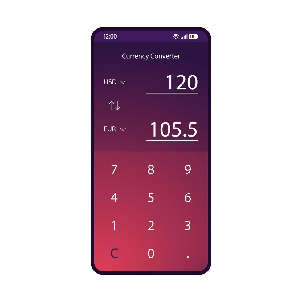 Vektorvorlage für die Smartphone-Schnittstelle der Währungsumrechner-App. lila designlayout der mobilen geldtauscherseite. Umrechnungsrechner-Bildschirm. flache Steigung ui. usd, eur wechselkurs telefonanwendung vektor