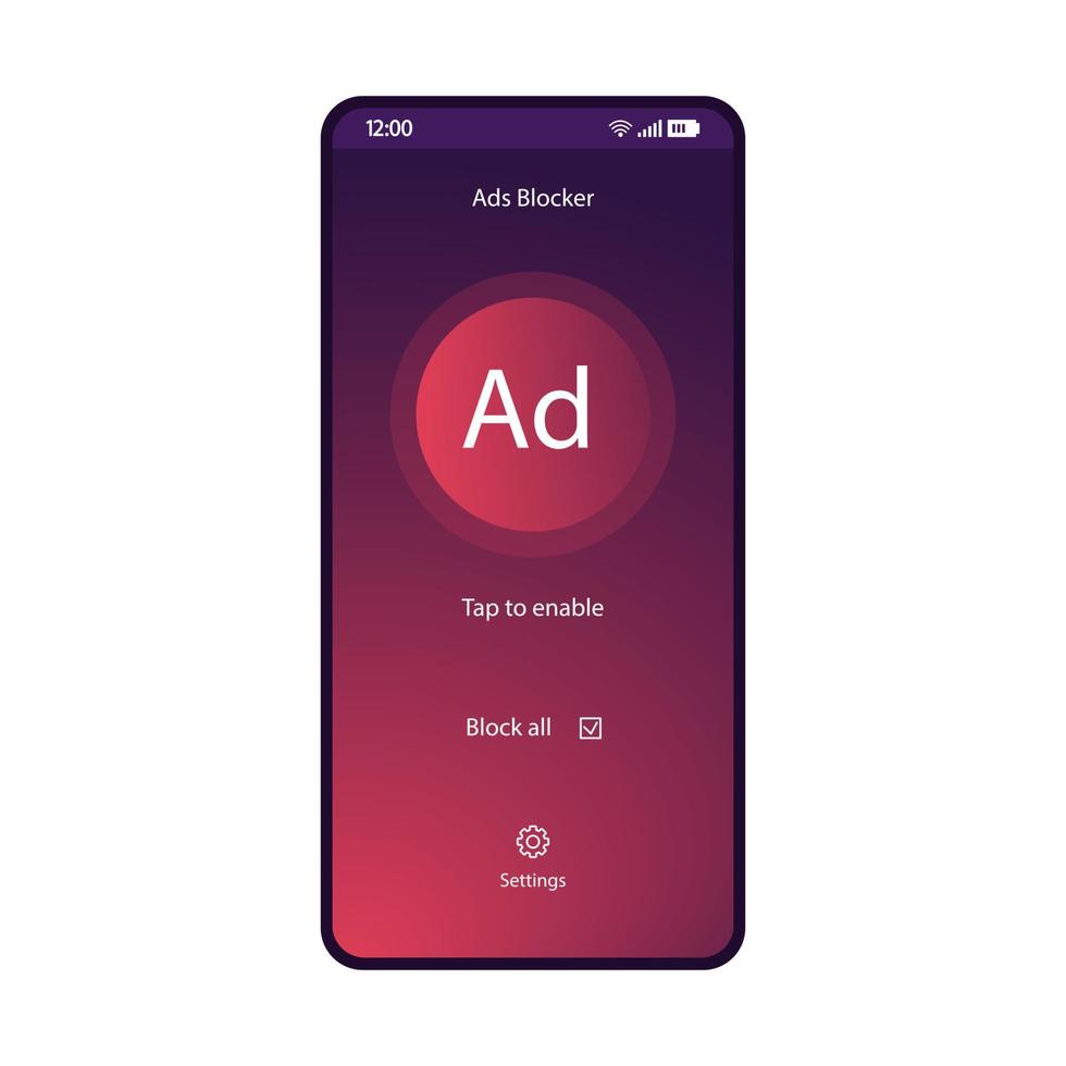 adblock app smartphone gränssnitt vektor mall. mobilverktygssida lila designlayout. skärm för antimalware-program. stäng av annonsplugin flat gradient ui. tryck för att aktivera knapptelefondisplay