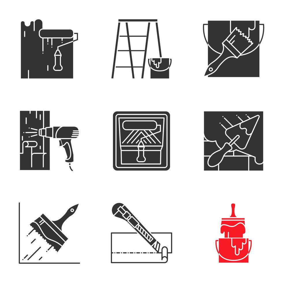 Glyphensymbole für Bauwerkzeuge festgelegt. Silhouettensymbol. Farbroller, Gerüstleiter, Eimer mit Pinsel, Heißluftpistole, Spachtel, Leimpinsel, Schreibmesser, Färben. vektor isolierte illustration