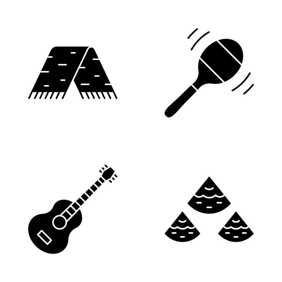 mexikansk kultur glyf ikoner set. traditionella kläder, musik, mat. serape, maraca, gitarr, nachos. siluett symboler. vektor isolerade illustration