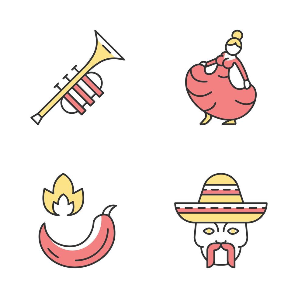 Farbsymbole der mexikanischen Kultur gesetzt. hispanische Musik, Essen, Leute, Tanz. Trompete, Tänzerin, scharfer Chili, Kopf mit Schnurrbart und Sombrero. isolierte Vektorgrafiken vektor