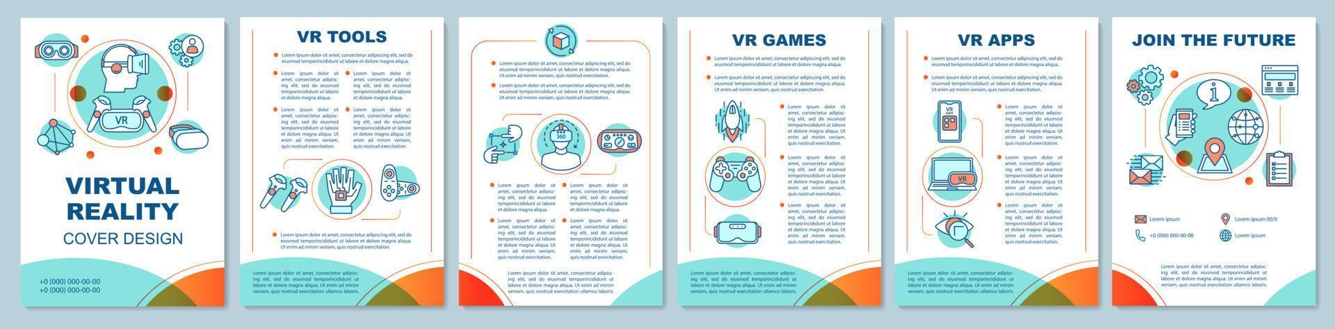 Layout der Virtual-Reality-Broschürenvorlage. VR-Spiele, Apps, Technologie. flyer, broschüre, broschürendruckdesign mit linearen symbolen. Vektorseitenlayouts für Zeitschriften, Geschäftsberichte, Werbeplakate vektor