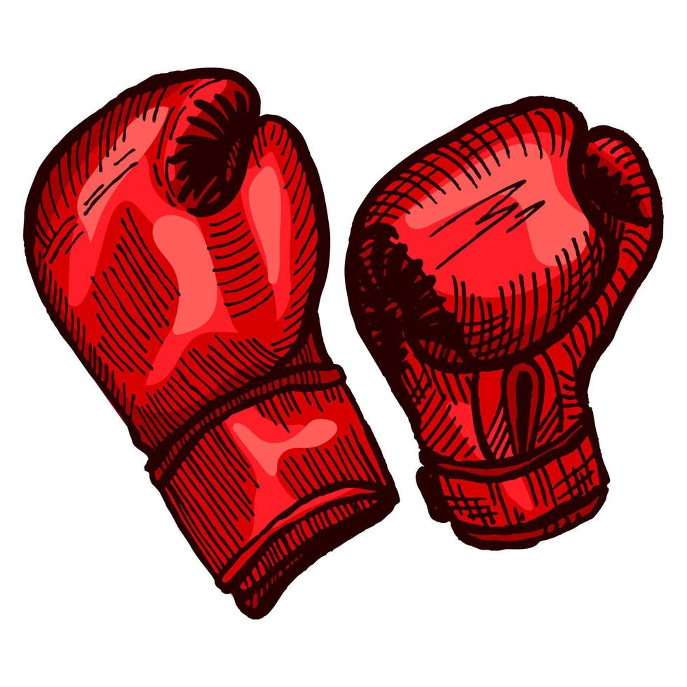 rote Boxhandschuhe skizzieren in isoliertem weißem Hintergrund. vintage sportgeräte für kickboxen im gravierten stil. vektor
